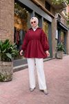 Kadın Trend Balon Kol Bordo Büzgülü Tesettür Gömlek