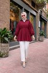 Kadın Trend Balon Kol Bordo Büzgülü Tesettür Gömlek
