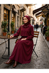 Kadın Şık Gömlek Yakalı Uzun Etekli Bordo Tesettür İkili Takım