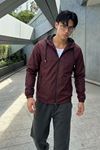 Erkek Trend Fermuarlı Mevsimlik Çizgili Bordo Yağmurluk & Rüzgarlık